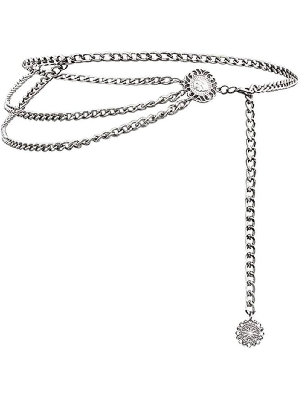 Women's Silver Multi-layer Metal Waist Chain Dress Belts Metal Belt
